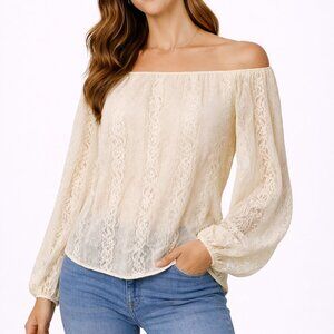 Romantic‎ Cream Lace Off-Shoulder Blouse | Smocked Waist | Boho Chic | Size M